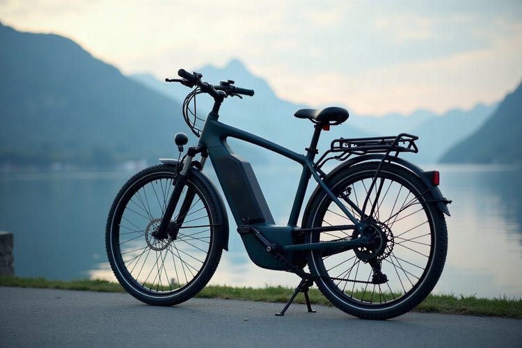 E-bike con batteria integrata sul lungolago al mattino