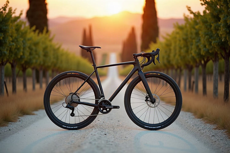Bici gravel su una strada bianca tra i vigneti al tramonto