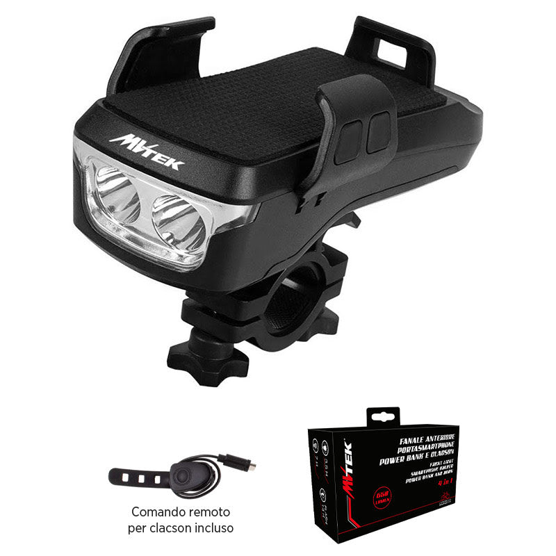 Front LED Light with Phone Holder Power Bank Horn 650LM USB Black