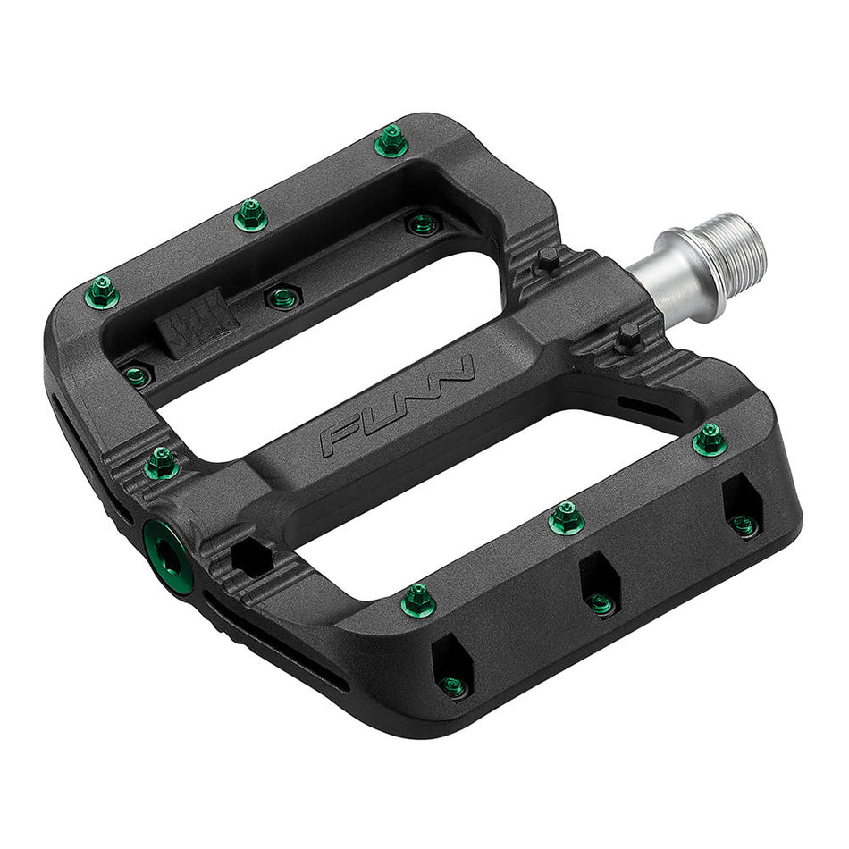 BLACK MAGIC Pedals in Black Thermoplastic/Green Pins 103x98x17mm