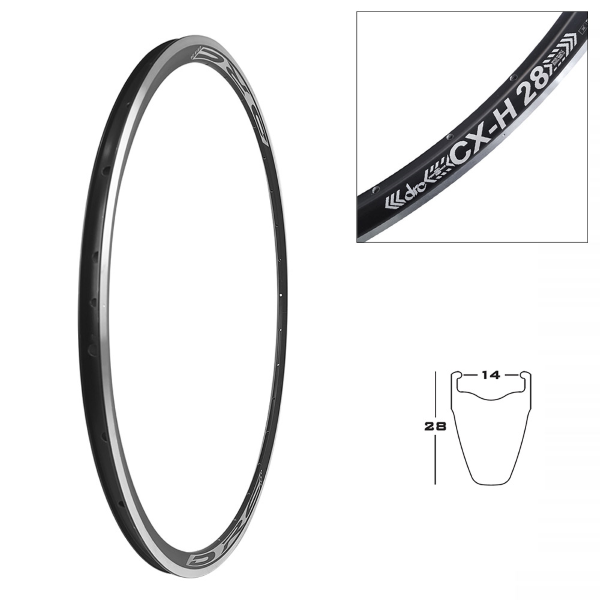 Drc - CX-H28 rim, aluminum for rim brake, black color with silver braking surface, channel width 14mm, height 28mm, weight 490 g, for road - 28", 18 holes