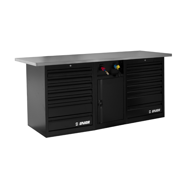 Unior - Complete front empty workbench TECH BENCH 990TB3 with two drawer units and power support without backrest and lights - 2 m