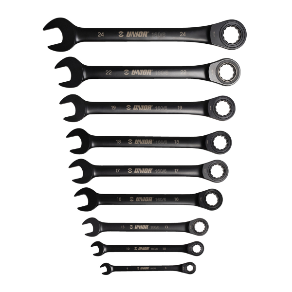 Unior - Set of 9 Ratchet Combination Wrenches 160/6CB - 8-24 mm, black