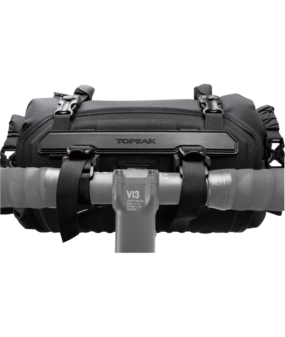Bag at the Topaak Frontloader 8L Waterproof handlebar with velcro straps and black buckles