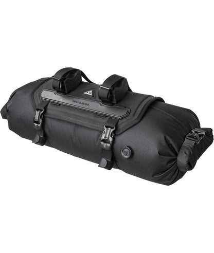 Bag at the Topaak Frontloader 8L Waterproof handlebar with velcro straps and black buckles