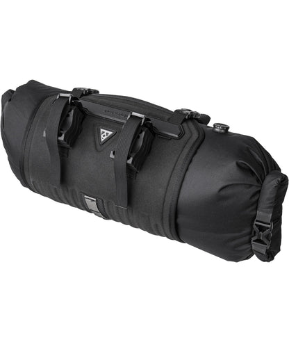 Bag at the Topaak Frontloader 8L Waterproof handlebar with velcro straps and black buckles
