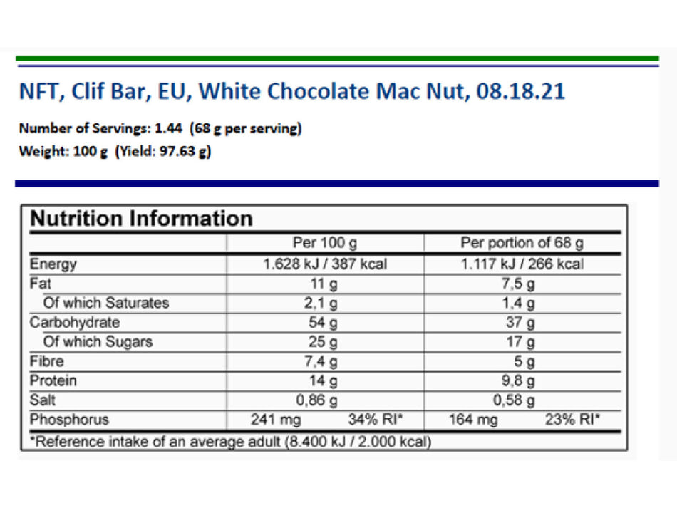 Barretta energetica Clif Bar Cioccolato Bianco e Noci di Macadamia