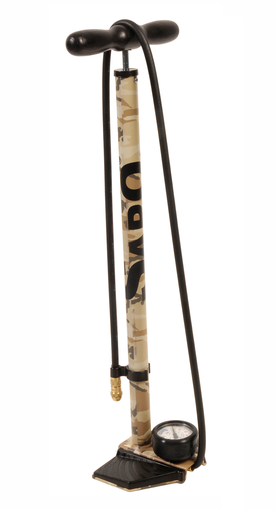 Pompe au sol Sapo One avec manomètre 63mm, protection en caoutchouc et raccord Jet Édition spéciale effet camouflage avec poignée noire 16 Bar/232 Psi
