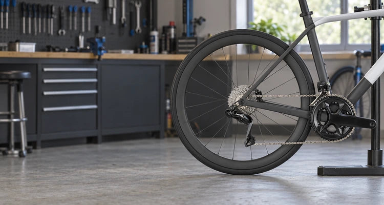 Trasmissione di una bici da corsa su cavalletto in officina: cassetta, deragliatore posteriore e catena